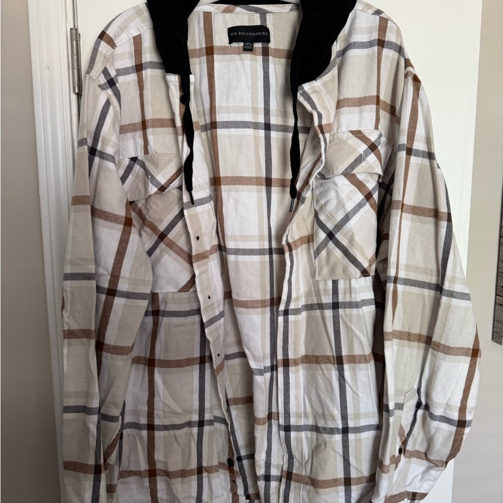 No Boundaries Men's Plaid Dress Short Hoodie  - White, Brown And Black size 3XL